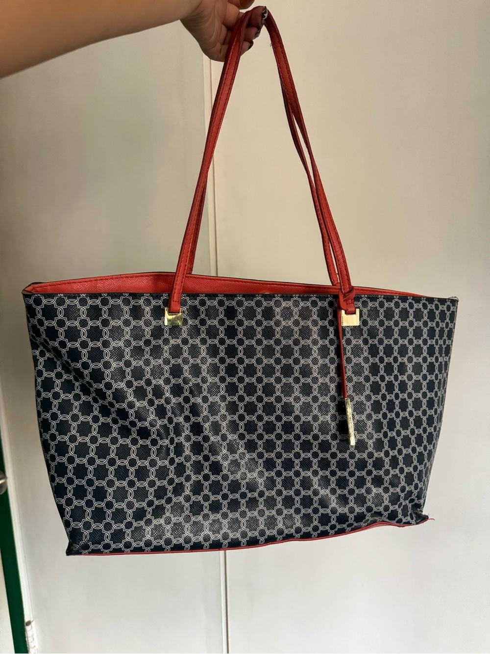 Stylish Navy Patterned Tote with coral Trim